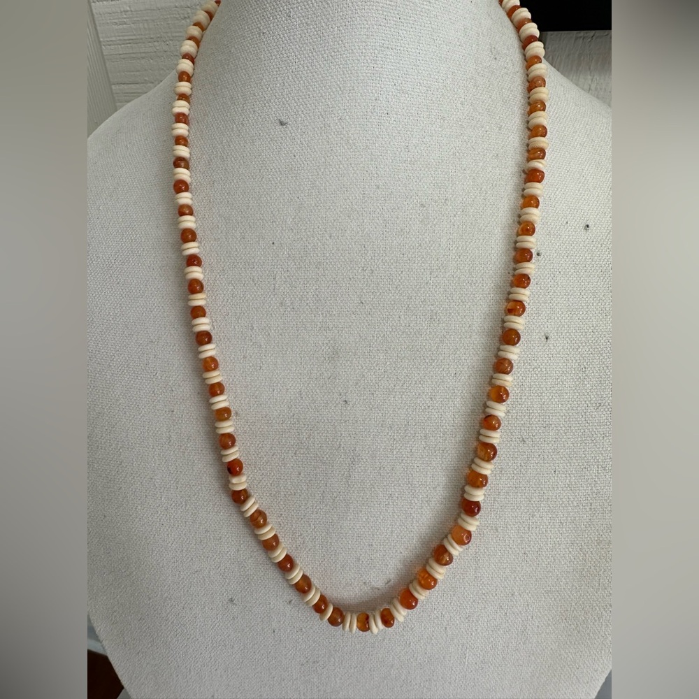 Vintage single strand amber and bone bead necklace